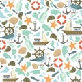 Seamless pattern with seagulls and anchors and weels. Sea nautical marine vector print for child decor or textile. Royalty Free Stock Photo